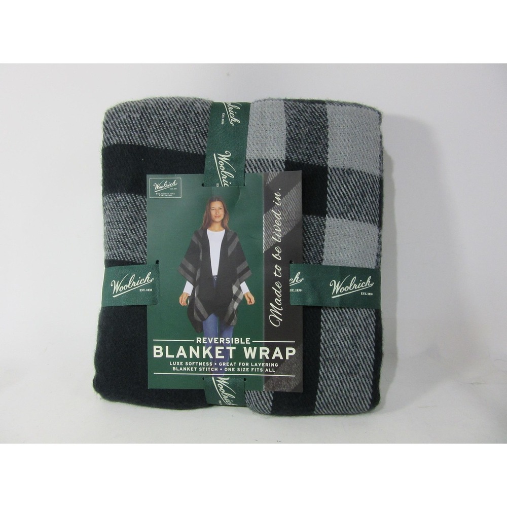 Woolrich Blanket Wrap Womens One Size Black Gray Reversible Plaid Shawl Poncho